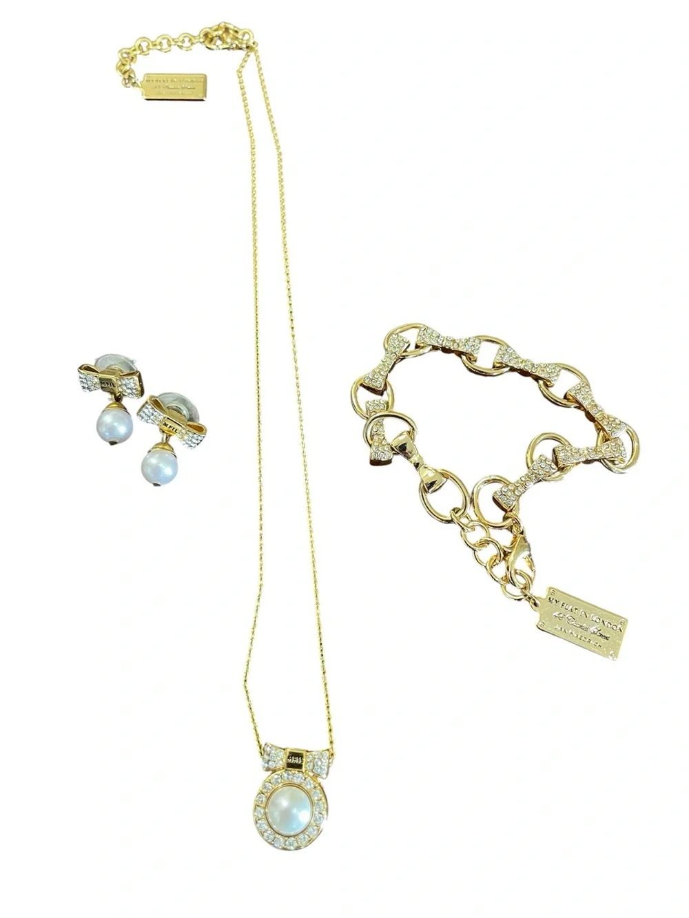 Brighton My Flat in London Gold-Tone Crystal Bow Earrings Rare Vintage Set Avail